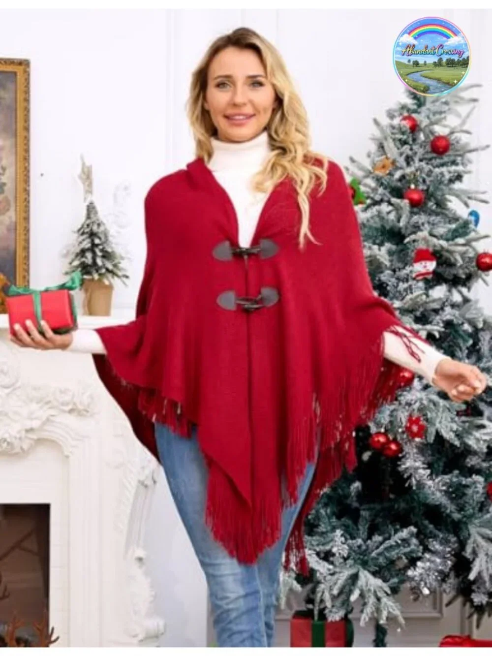 Loose Fitting Poncho Cape Shawl with Horn Buttons, V Neckline